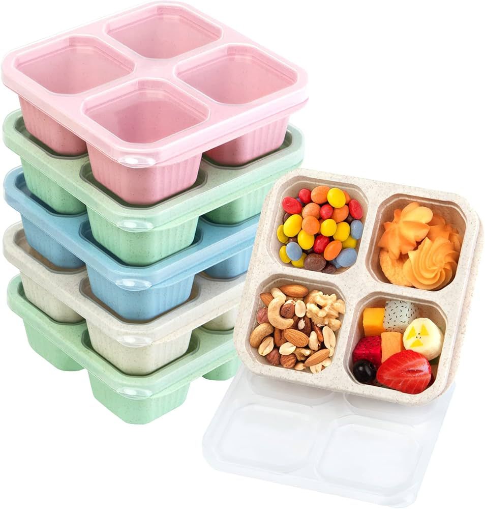 6 Pack Snack Containers, 4 Compartments Snack Boxes for Kids, Wheat Straw Meal Prep Reusable Food... | Amazon (US)