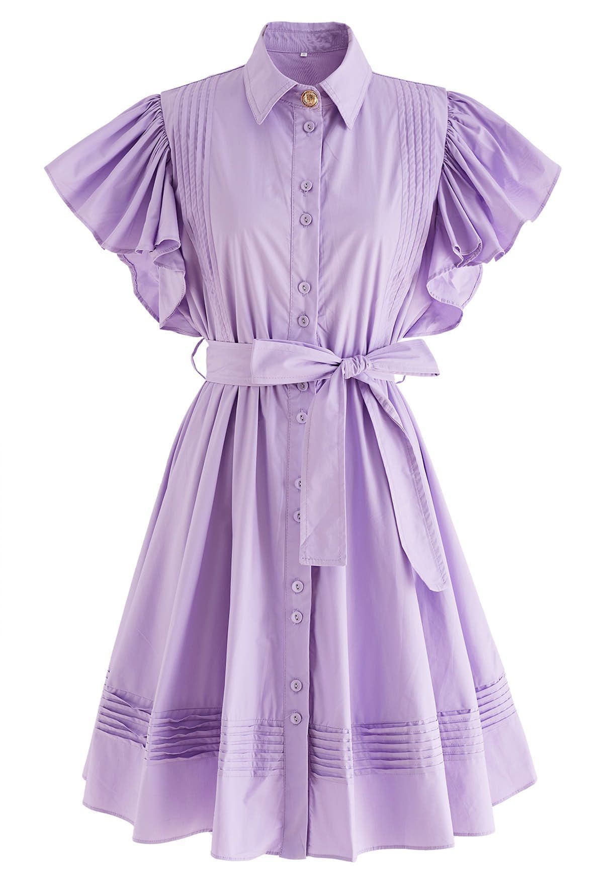 Flutter Sleeve Tie Waist Skater Dress in Lilac | Chicwish