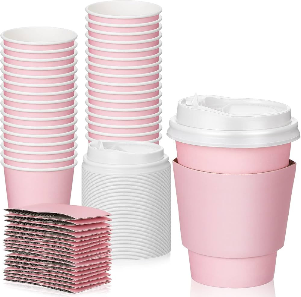 48 Pcs 12 oz Disposable Coffee Cups with Lids and Sleeves Bulk, Insulated Paper Cups Hot Chocolat... | Amazon (US)