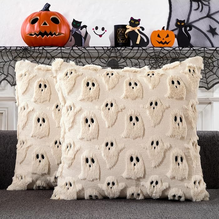 Halloween Ghost Pillow Covers 18x18 inch Set of 2,Beige Soft Plush Faux Fur Throw Pillow Cases De... | Amazon (US)