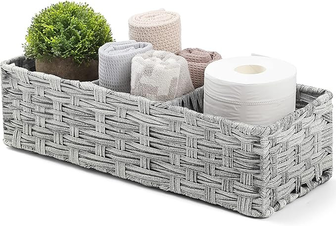 [Larger Compartments] Toilet Tank Topper Paper Basket - Multiuse Hand Woven Plastic Wicker Basket... | Amazon (US)