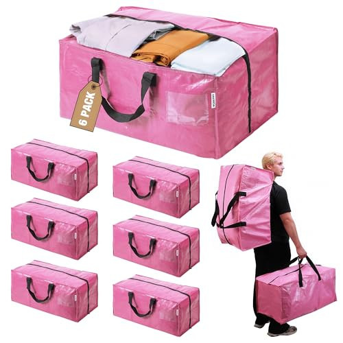 WORKPRO 6 Pack Extra Large Moving Bags with Zippers & Carrying Handles Backpack Straps, Heavy-Duty Storage Tote for Space Saving Moving Storage (Pink) | Amazon (US)