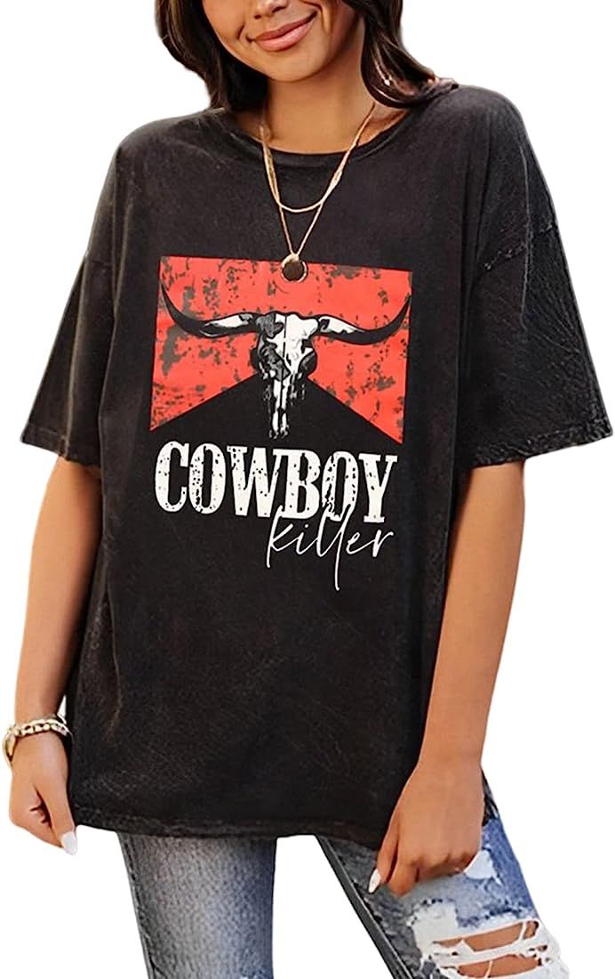 BOUTIKOME Cowboy Killer Shirt for Women Oversized Western Graphic Tees Vintage Cowgirls Loose Top | Amazon (US)