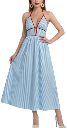 Womens Striped Sexy Halter Deep V Neck Maxi Dress Casual Backless Smocked Summer Beach Vacation D... | Amazon (US)