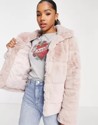 Miss Selfridge pelted faux fur coat in pink | ASOS (Global)