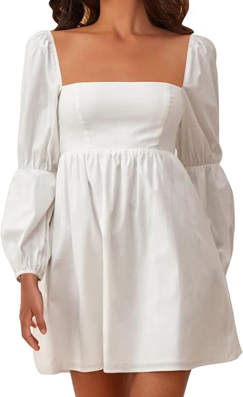Amazon.com: EXLURA Womens Square Neck Dress Long Puff Sleeve A-Line Casual Short Mini Dress Black... | Amazon (US)