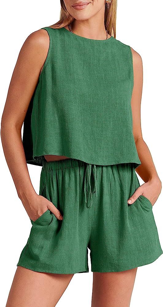 CORECOUTURE Summer 2 Piece Outfits for Women Shorts Linen Sets Sleeveless Crop Top Tank and High ... | Amazon (US)