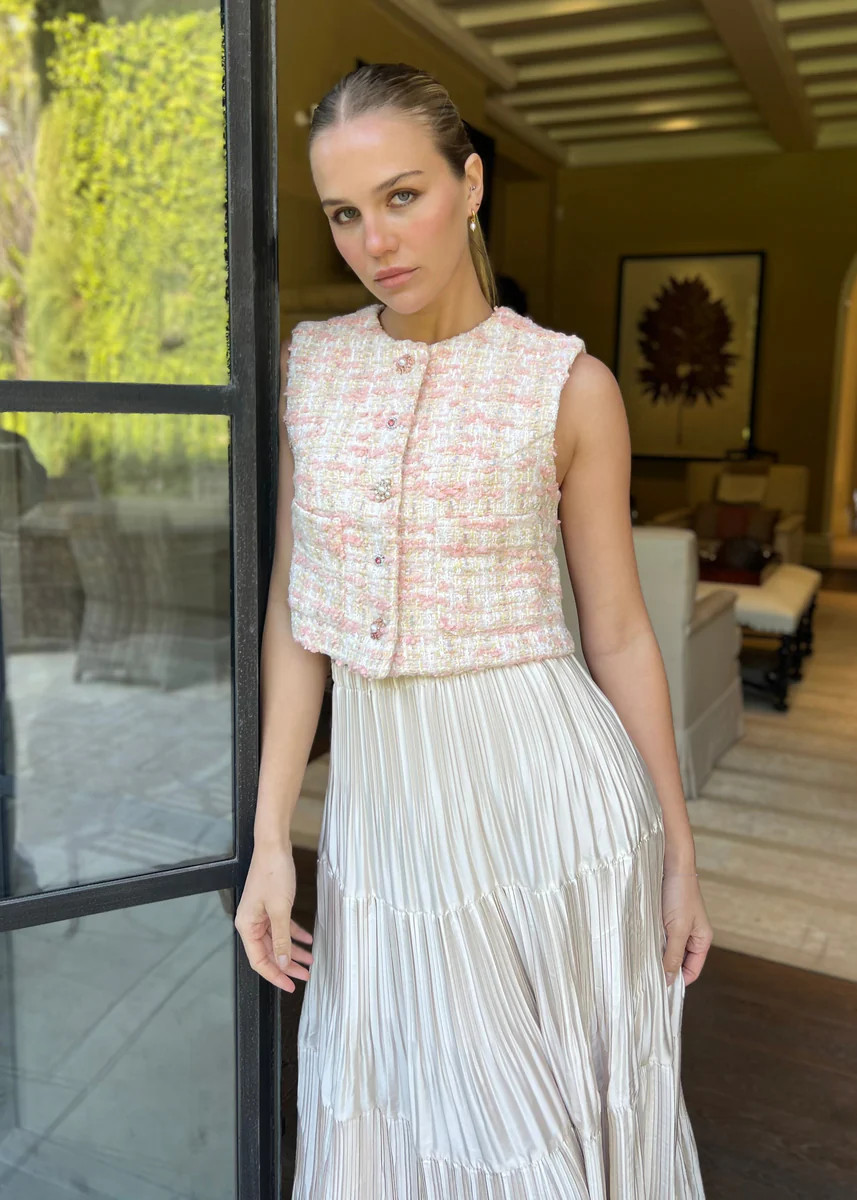 Cynthia Tweed Vest Top with Pearl and Rhinestone Buttons - Pink and Cr | Benaar La