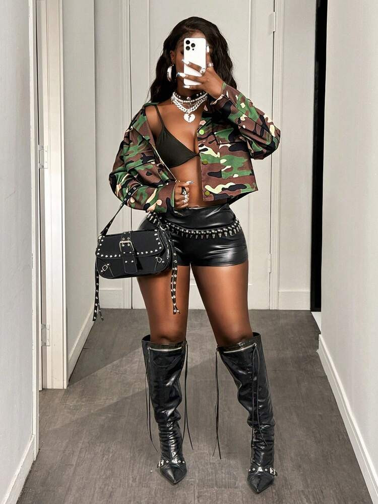 BamGleam Camouflage Print Zip Pocket Casual Long Sleeve Jacket | SHEIN