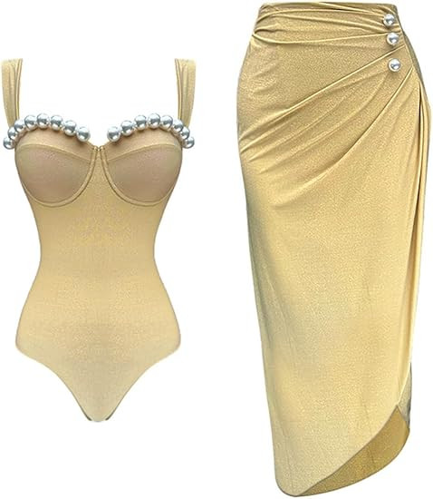 FLAXMAKER Wome's Black Double Shoulder Strap Chest Pearl One Piece Swimsuit and Skirt | Amazon (DE)