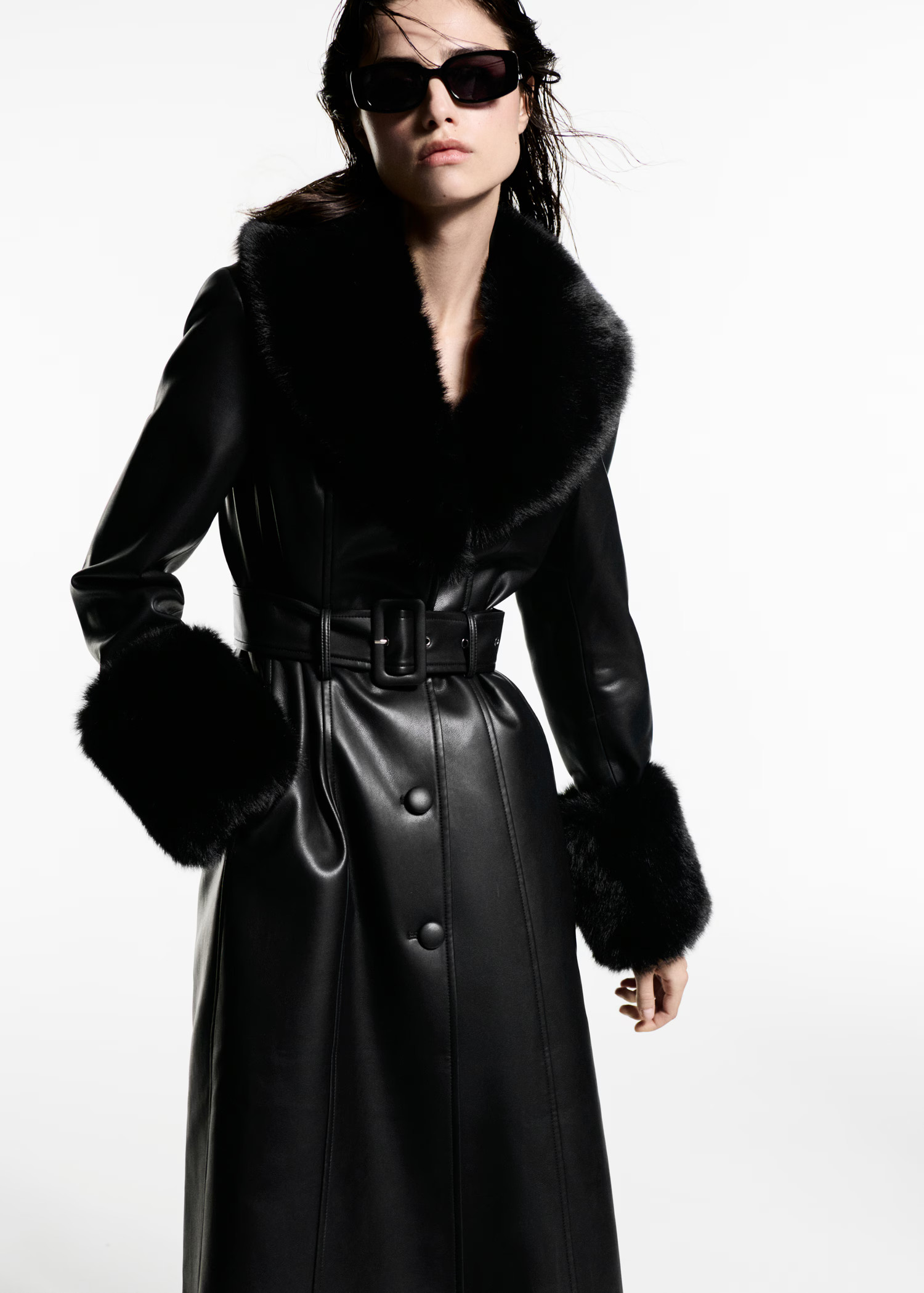 Leather-effect coat with fur-effect trim - Women | MANGO USA | Mango (US/MX/AU)