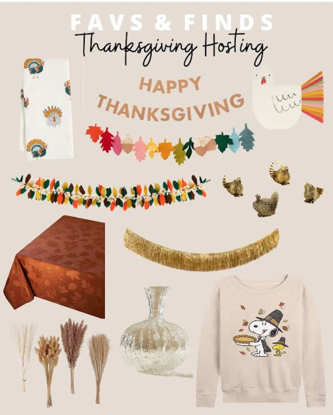 Thanksgiving Favs & Finds: Thanksgiving garland, Turkey dish towel, Turkey cocktail napkins, Turkey place card holders, the peanuts snoopy thanksgiving sweatshirt, pumpkin wine decanter, faux fall dried pampas and wheat, pumpkin tablecloth

#LTKfamily #LTKHoliday #LTKSeasonal