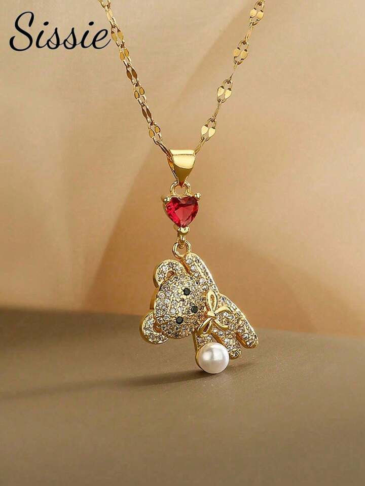 1pc Suitable For Children Stainless Steel Zirconia Love Gems Delicate Cute Bear Pendant Necklace ... | SHEIN