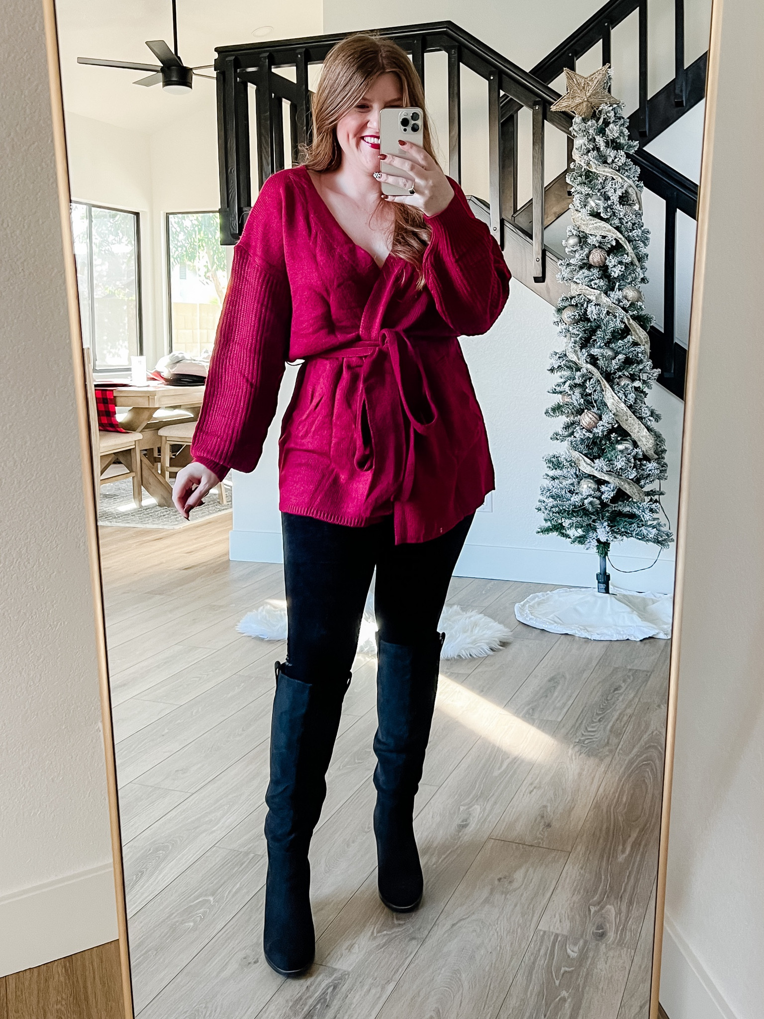 Holiday outfit. Amazon sweater wearing size medium. Velvet leggings on sale from spanx. Spanx leggings. 

#LTKsalealert #LTKHoliday #LTKSeasonal
