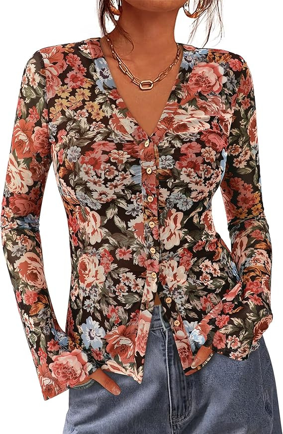 BTFBM Button Down Shirts for Women 2026 Spring Boho Tops V Neck Long Sleeve Blouses Ruched Mesh F... | Amazon (US)