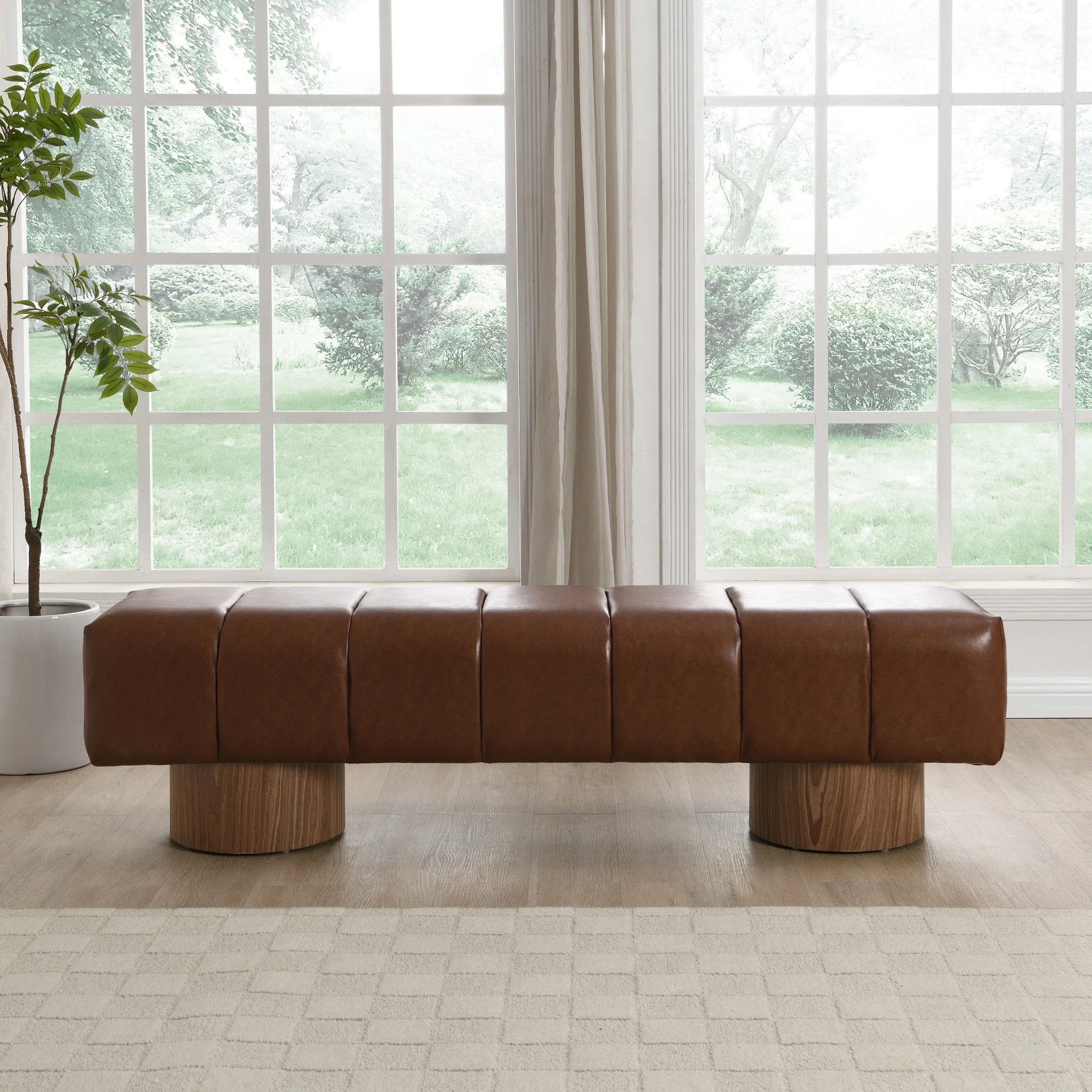 Christopher Knight Home Modern Mid-Century 64" PU Tufted Ottoman Bench, Faux Wood Legs, Brown | Walmart (US)