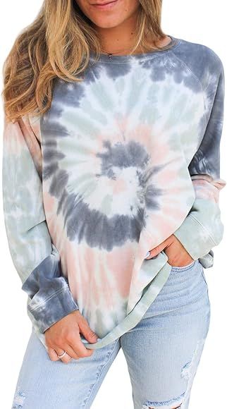 Zecilbo Women Tie Dye Crewneck Long Sleeve Sweatshirt Casual Loose Pullover Colorblock Shirts Top... | Amazon (US)