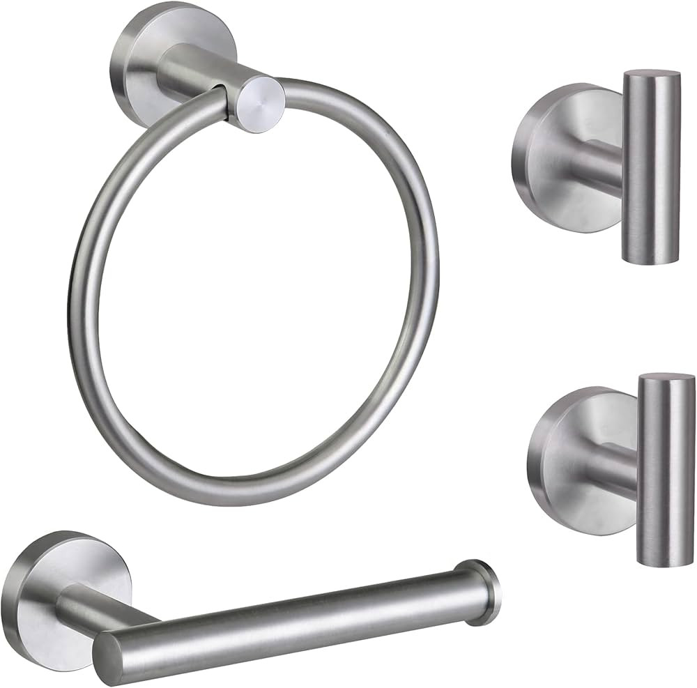4 Piece Brushed Nickel Bathroom Hardware Set, Modern Towel Ring and Toilet Paper Holder Set,Wall ... | Amazon (US)