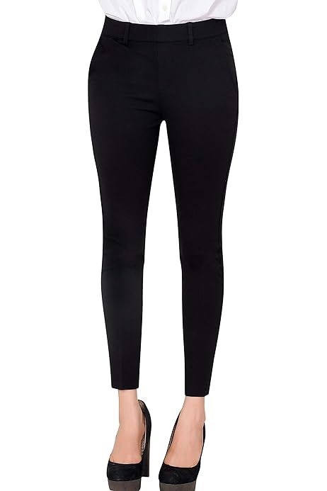 Bamans Women's Skinny Leg Work Pull on Slim Stretch Yoga Dress Pants w/Tummy Control | Amazon (US)