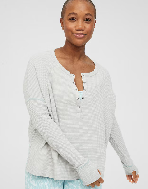 OFFLINE By Aerie Way Back Waffle Henley Long Sleeve T-Shirt | American Eagle Outfitters (US & CA)