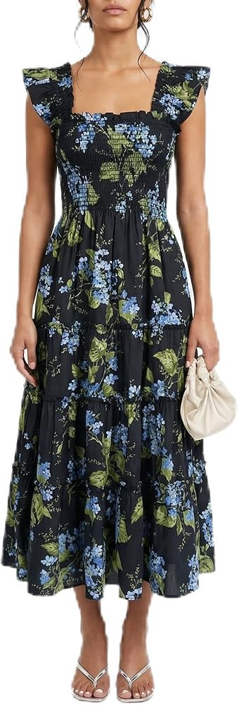 Women\u2019s Smocked Midi Dress with Ruffle Straps, Square Neck Tiered Flowy Sundress | Amazon (US)