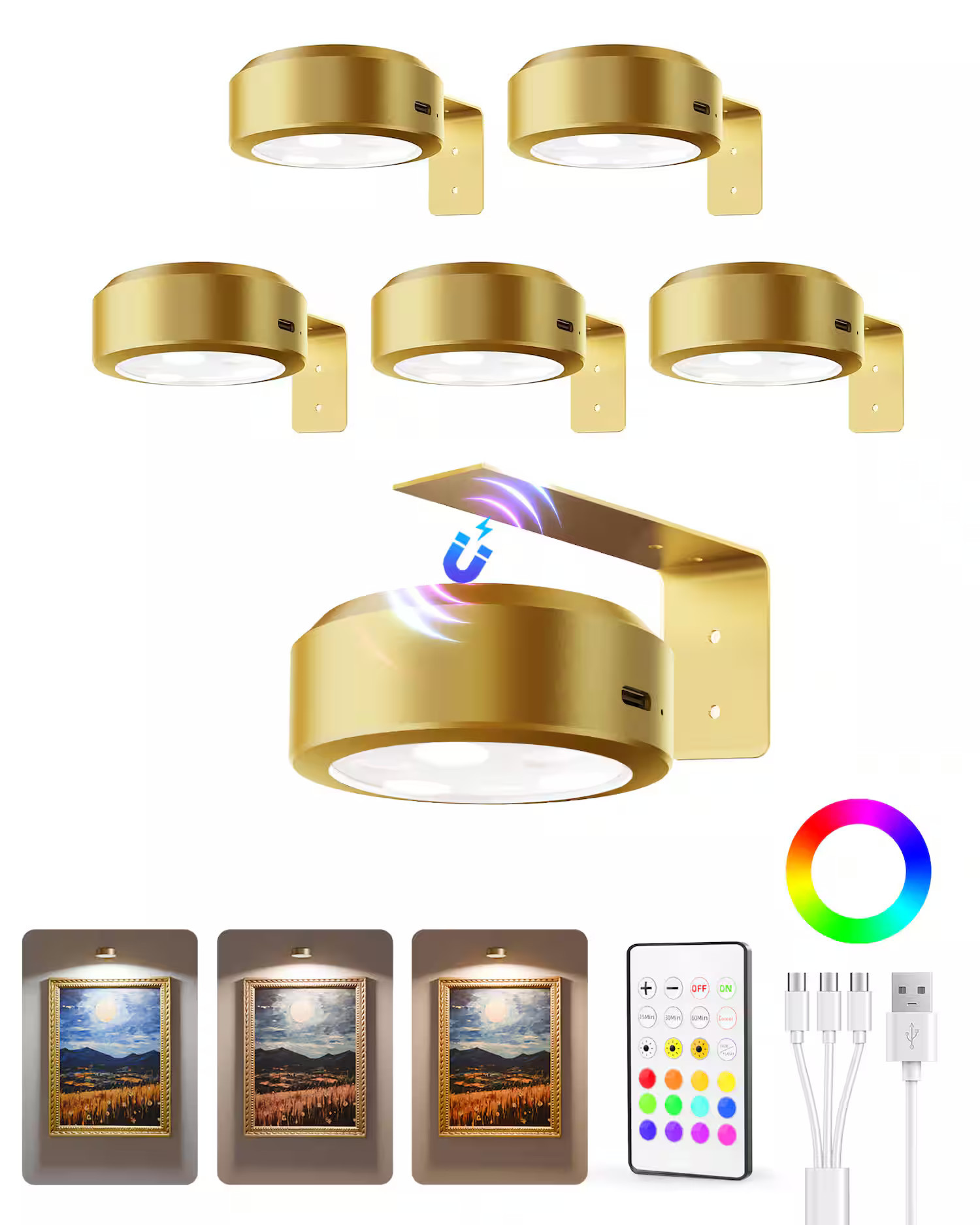 EZVALO - 6 Pack LED Picture Light Wireless Smart Recessed Lighting Wall Decor Light Painting Light with 3 Color Temps - Gold | Best Buy U.S.