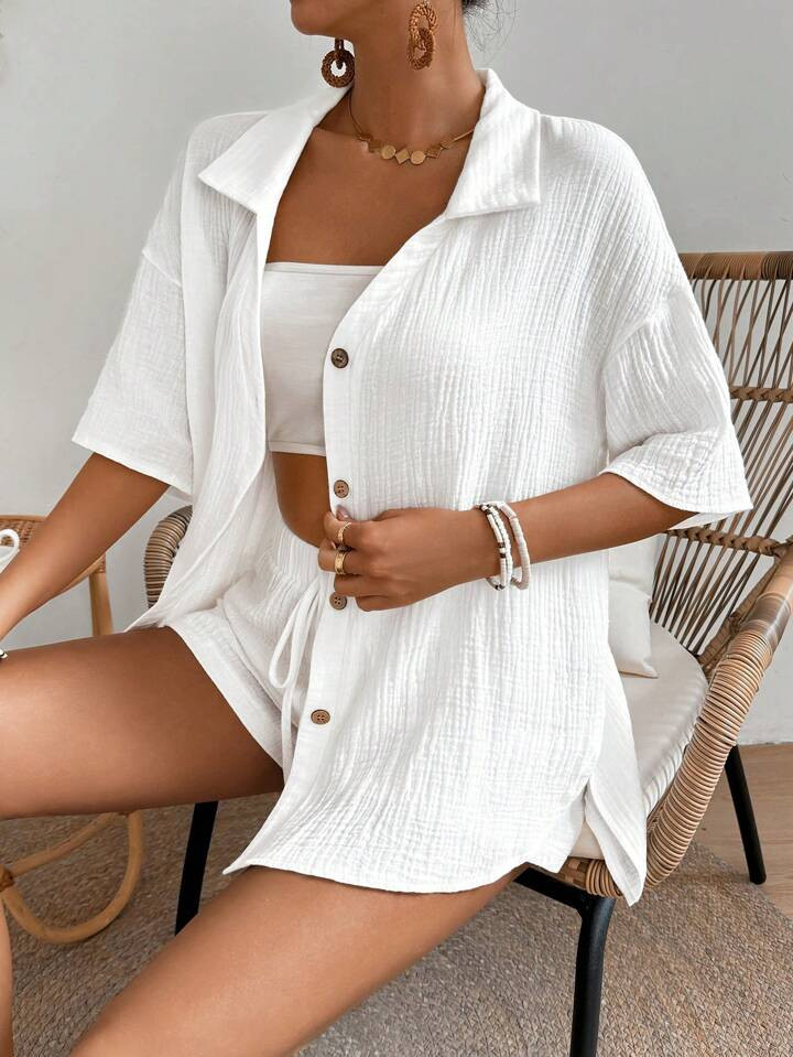 EMERY ROSE Women's Solid Color Drop Shoulder Shirt And Shorts Two Piece Set | SHEIN