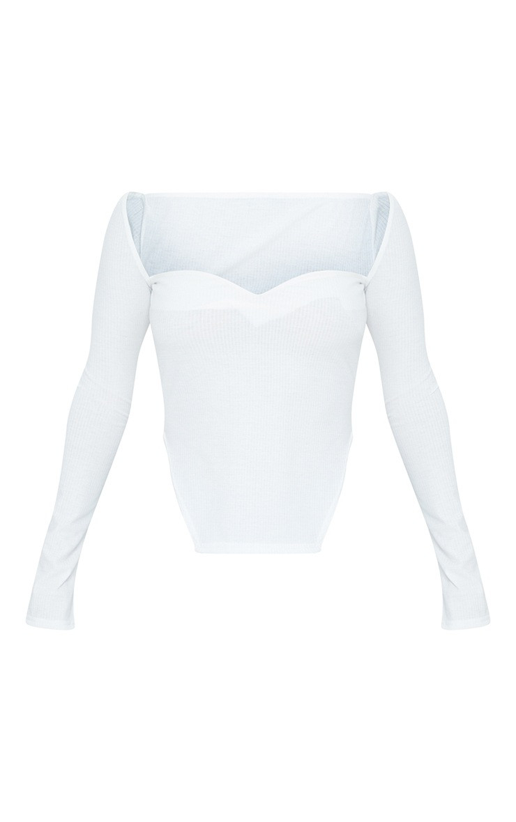 White Rib Sweetheart Neck Dip Hem Long Sleeve Top | PrettyLittleThing US