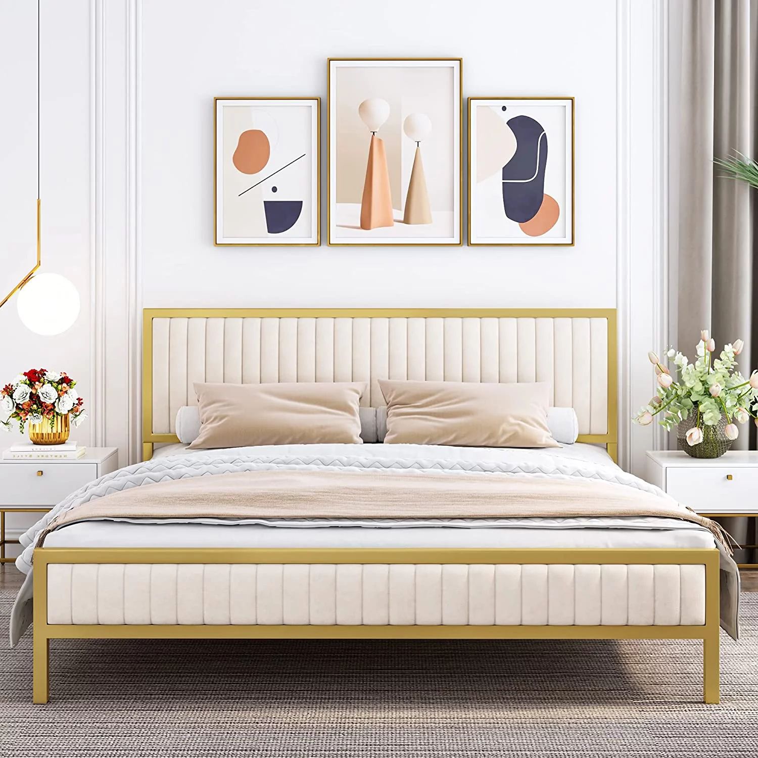 Homfa King Bed Frame with Headboard and Footboard, Gold Metal Platform with Sturdy Frame, Mattres... | Walmart (US)
