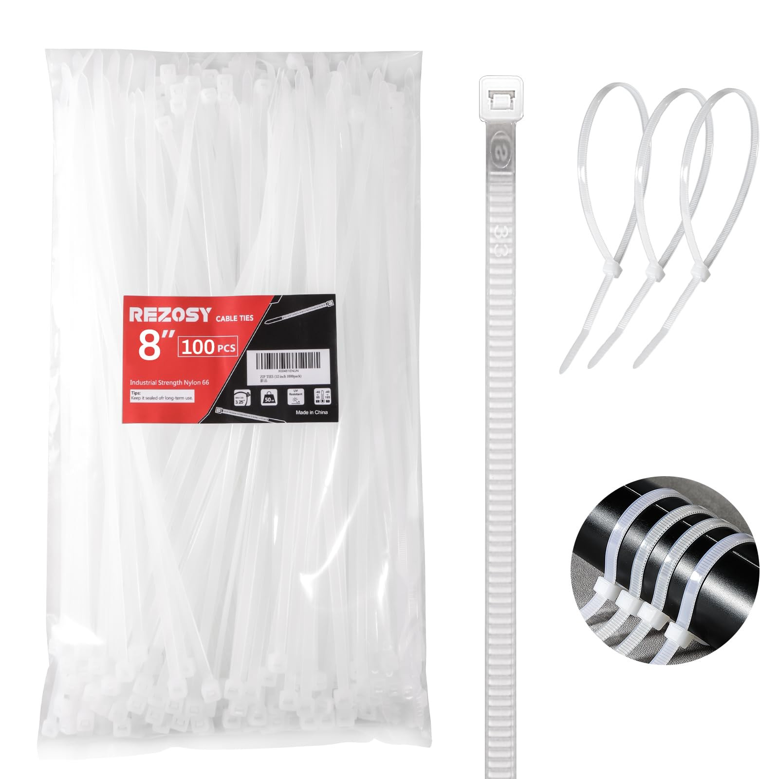 White Zip Ties 8 Inch 100 Pack Clear Tensile Strength 40 lbs UV Resistant Industrial Cable Ties S... | Amazon (US)