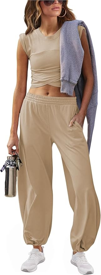 Womens Two Pieces Outfits Workout Cropped Tops Sweatpants Sets Hot Shot Sweatsuits Athletic Track... | Amazon (US)