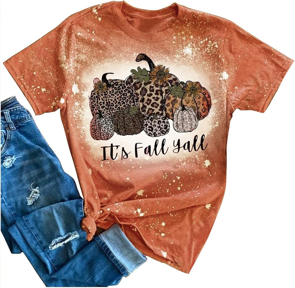 It's Fall Y'all Leopard Pumpkin Bleached T Shirts for Women Thanksgiving Pumpkin Leopard Tshirt H... | Amazon (US)
