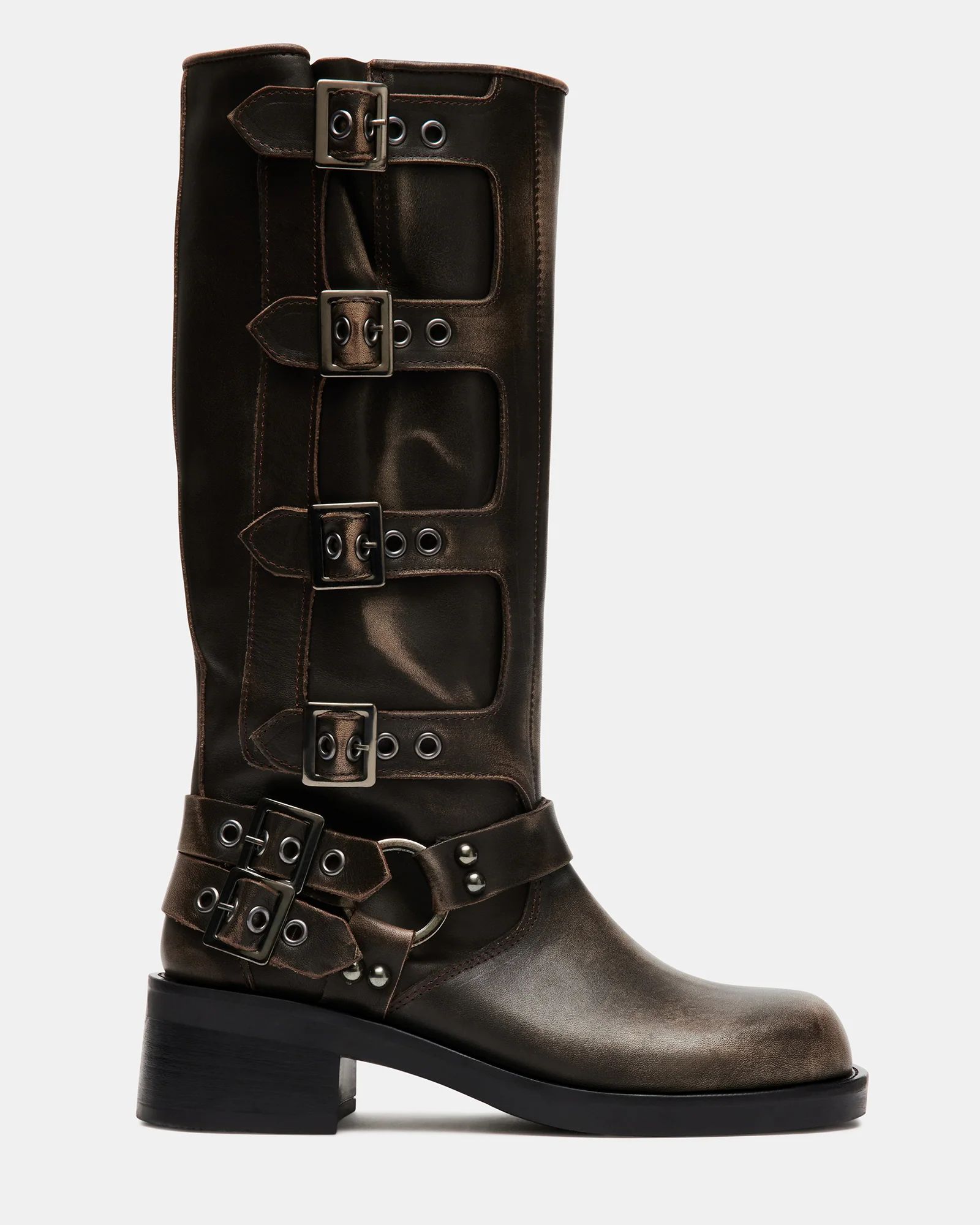 ROCKY Brown Distressed Knee-High Moto Boots | Women's Boots | Steve Madden (US)