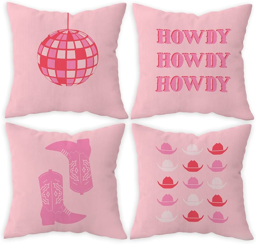 FLDAS Hot Pink Preppy Howdy Western Cowgirl Boot Hat Disco Ball Decorative Throw Pillow Covers,Pr... | Amazon (US)