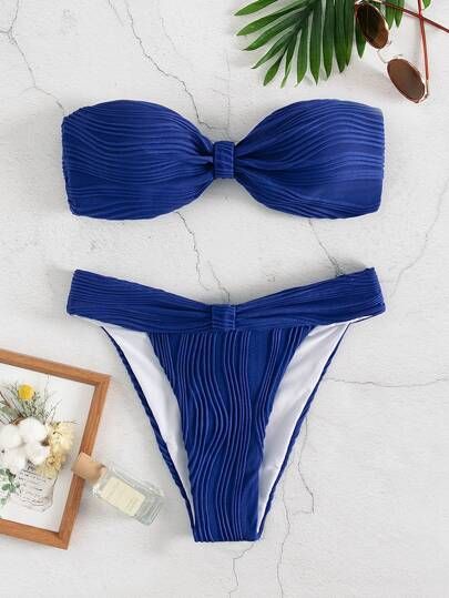 Textured Twist Bandeau Bikini Swimsuit | SHEIN