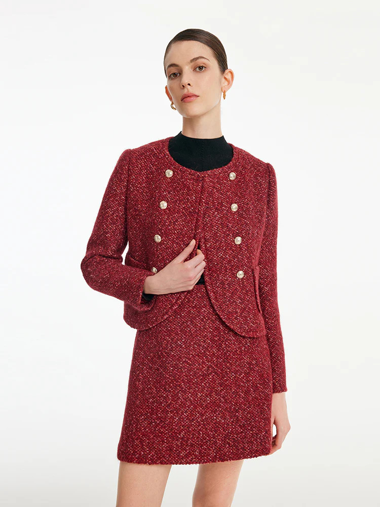 Red Double-Breasted Tweed Crop Women Jacket | GOELIA