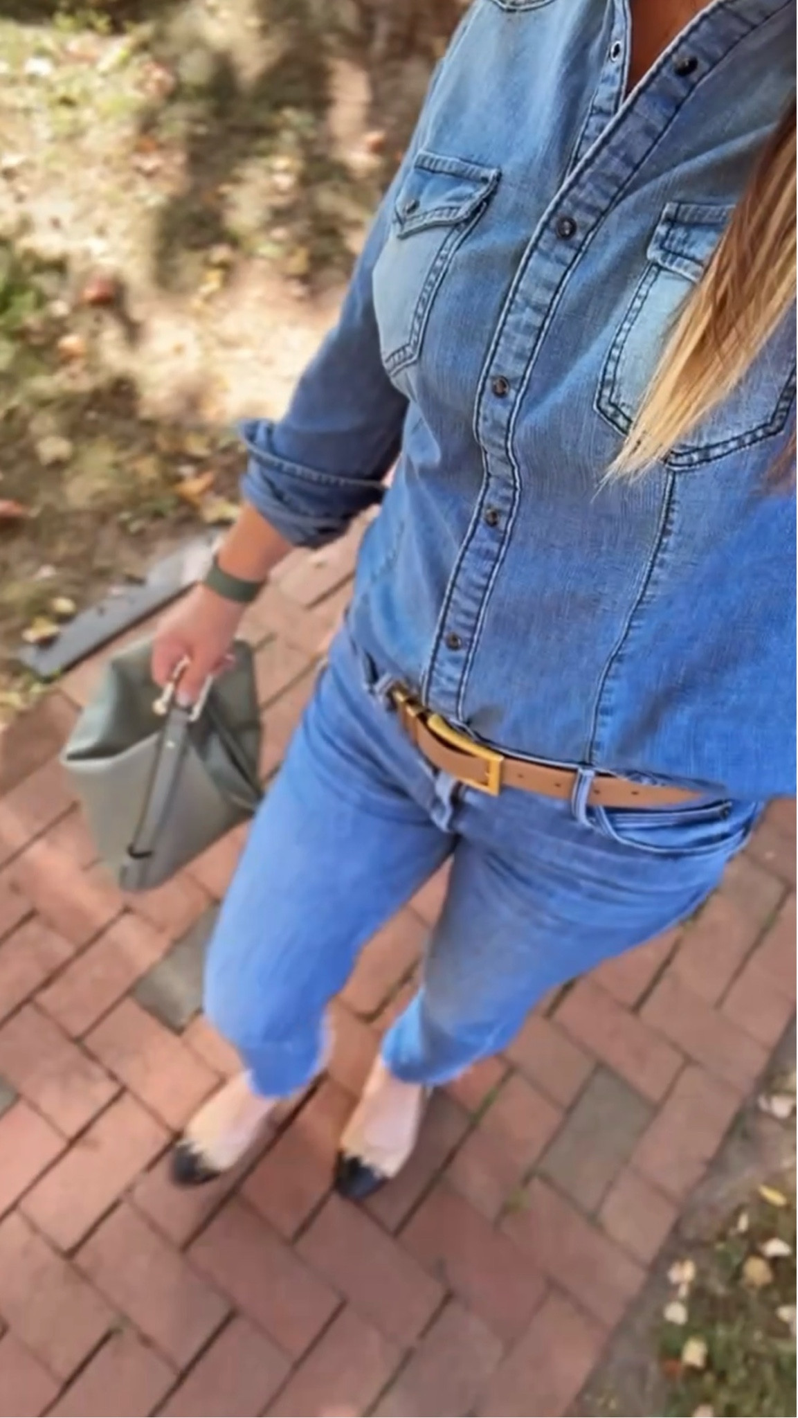 Denim on denim, but make it spring 💙 A crisp denim button-down + monochrome slim jeans, cap-toe flats, and a sage green convertible bag for the perfect polished everyday look.  

✨ Save for your next spring outfit idea, spring work outfit idea, denim on denim outfit, smart casual spring outfit, women’s office style, capsule wardrobe outfit, business casual outfit, and elevated everyday style. #LTK #SpringStyle

#LTKgrwm #LTKootd #LTKdayinmylife