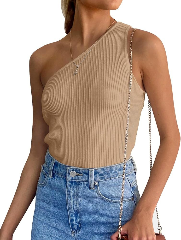 ZESICA Women's One Shoulder Tank Summer Sleeveless T Shirt Ribbed Knit Slim Fit Sexy Casual Basic... | Amazon (US)