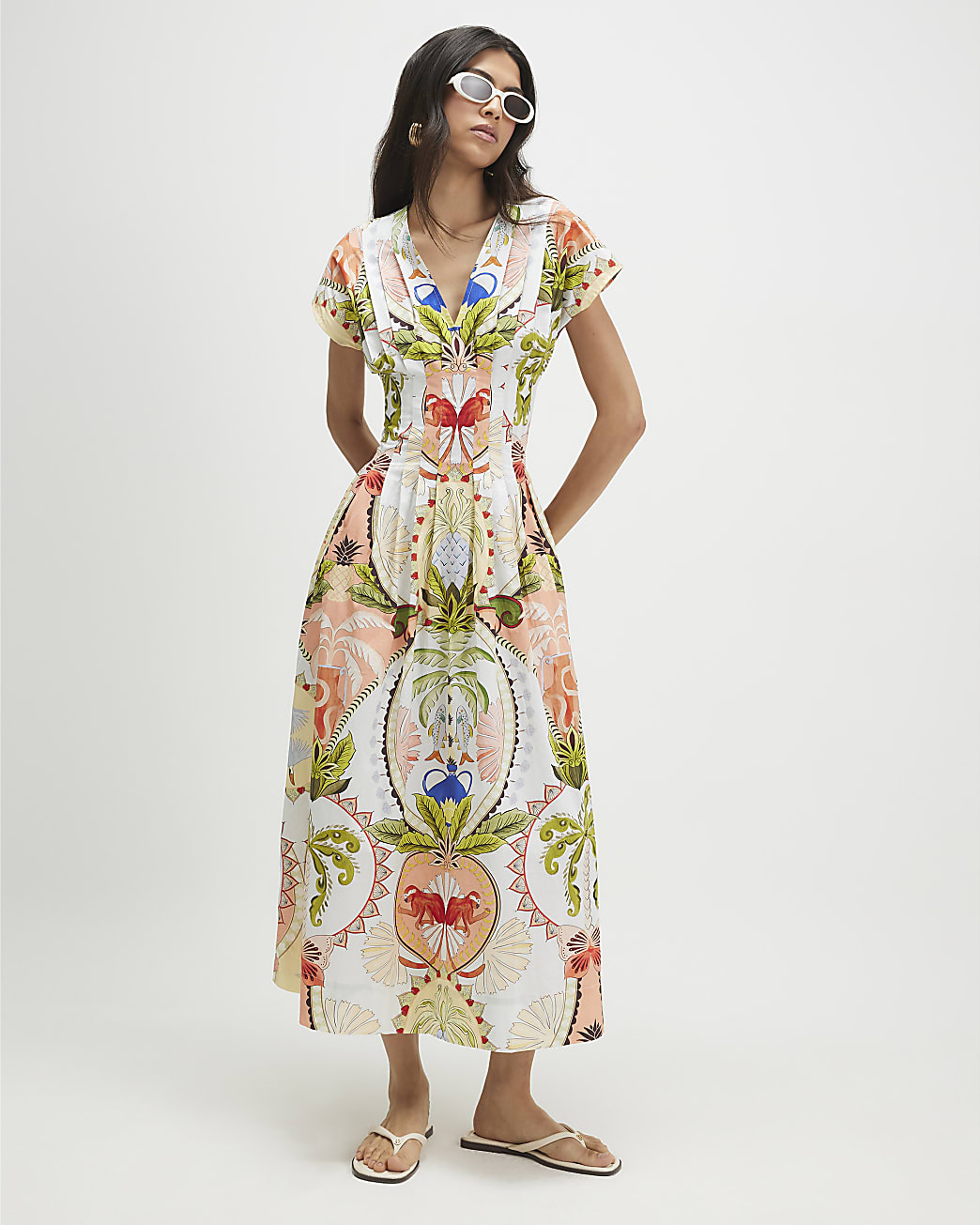 Blue Print Pleated Poplin Midi Dress | River Island UK & IE
