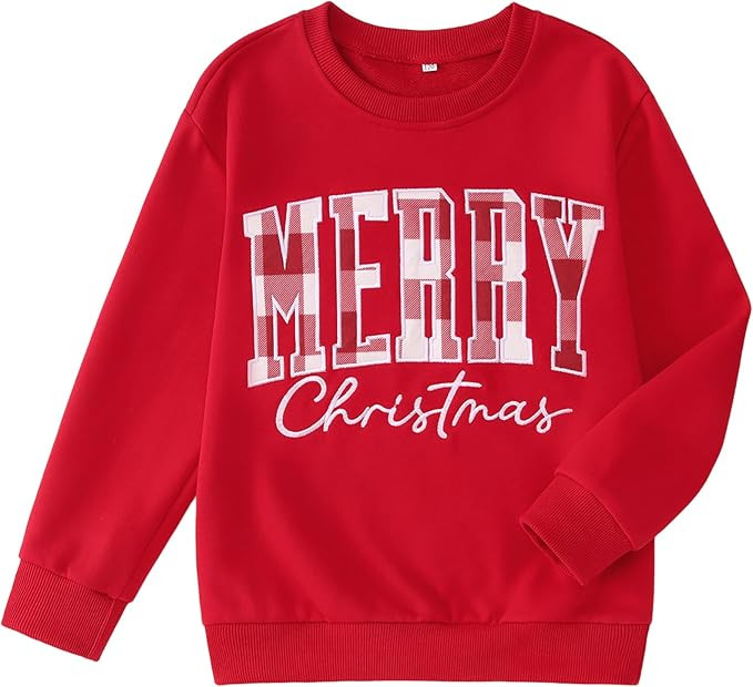 BOUTIKOME Kid Girls Christmas Sweatshirt Plaid Embroidery Merry Christmas Shirts Long Sleeve Pull... | Amazon (US)