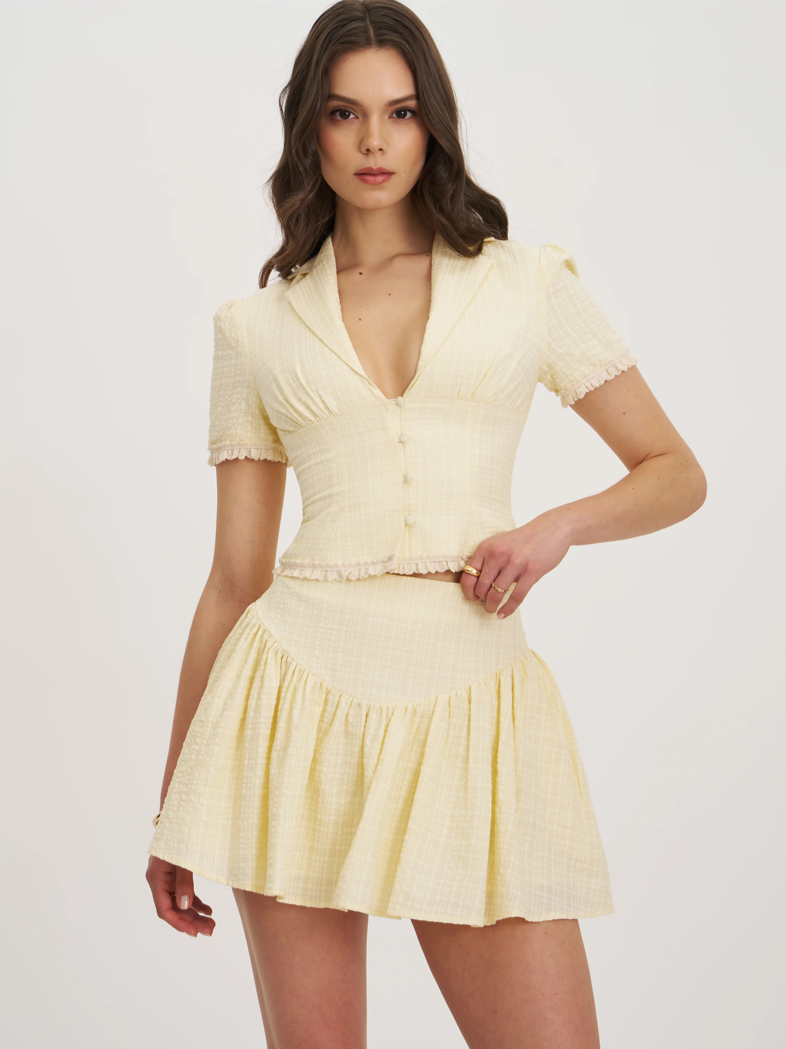 Odelia Yellow Lace Trim Seersucker Button Up Top | Miss Circle