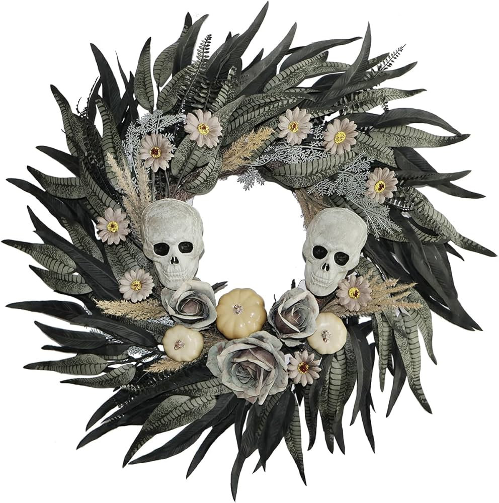 24" Snakeskin Leaves Halloween Wreaths for Front Door with Skulls Flowers and Pumpkins - Gothic P... | Amazon (US)