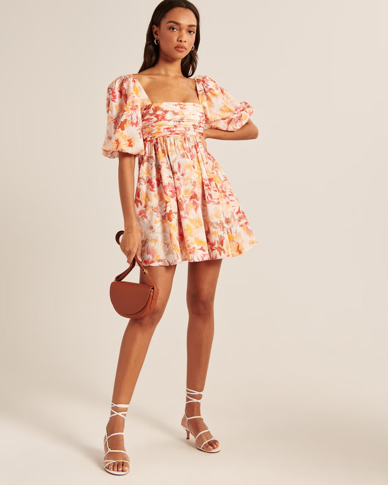 Women's Ruched Bodice Puff Sleeve Mini Dress | Women's Dresses & Jumpsuits | Abercrombie.com | Abercrombie & Fitch (US)