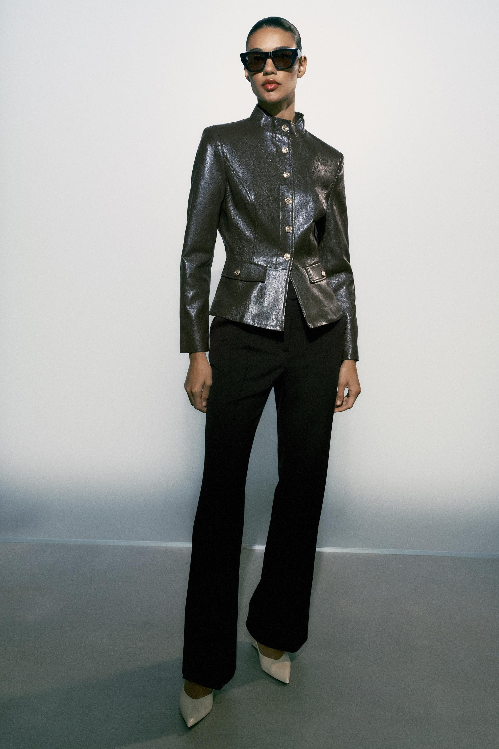 Zara - Faux Leather Jacket With Shoulder Pads - Dark Khaki - S - Woman | Zara US