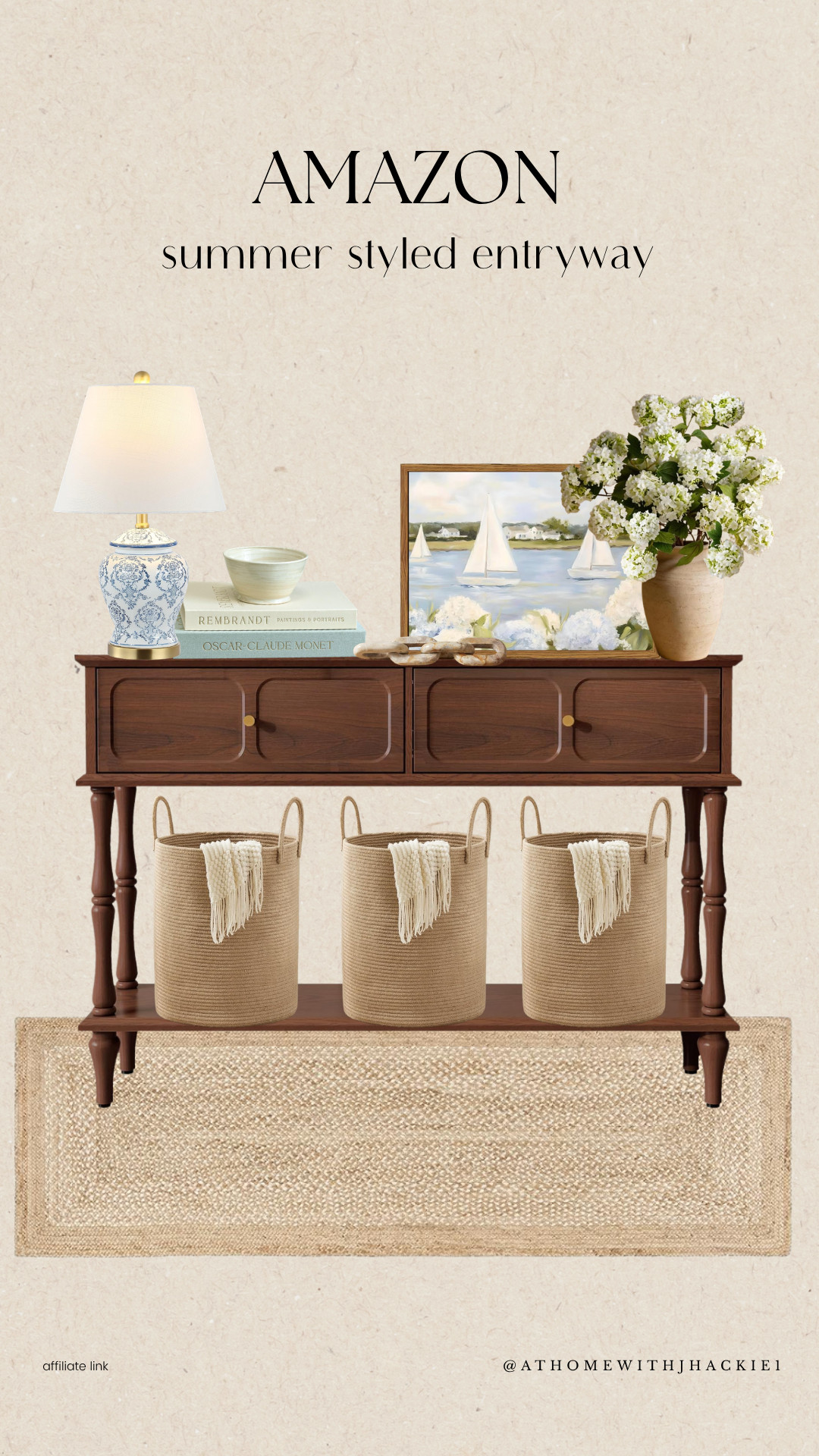 Amazon entryway decor, entryway table styling ideas, summer coastal entryway decor, console table dark wood, woven storage baskets entryway, blue and white lamp classic, hydrangea arrangement decor, coastal wall art sailboats, neutral rug entryway, layered entryway styling, traditional meets coastal decor, elegant entryway setup, home styling with baskets, functional entryway storage, warm wood furniture decor, welcoming home entrance ideas, timeless home decor pieces, classic summer home styling, amazon home finds entryway, casual coastal home aesthetic

#LTKSeasonal #LTKHome