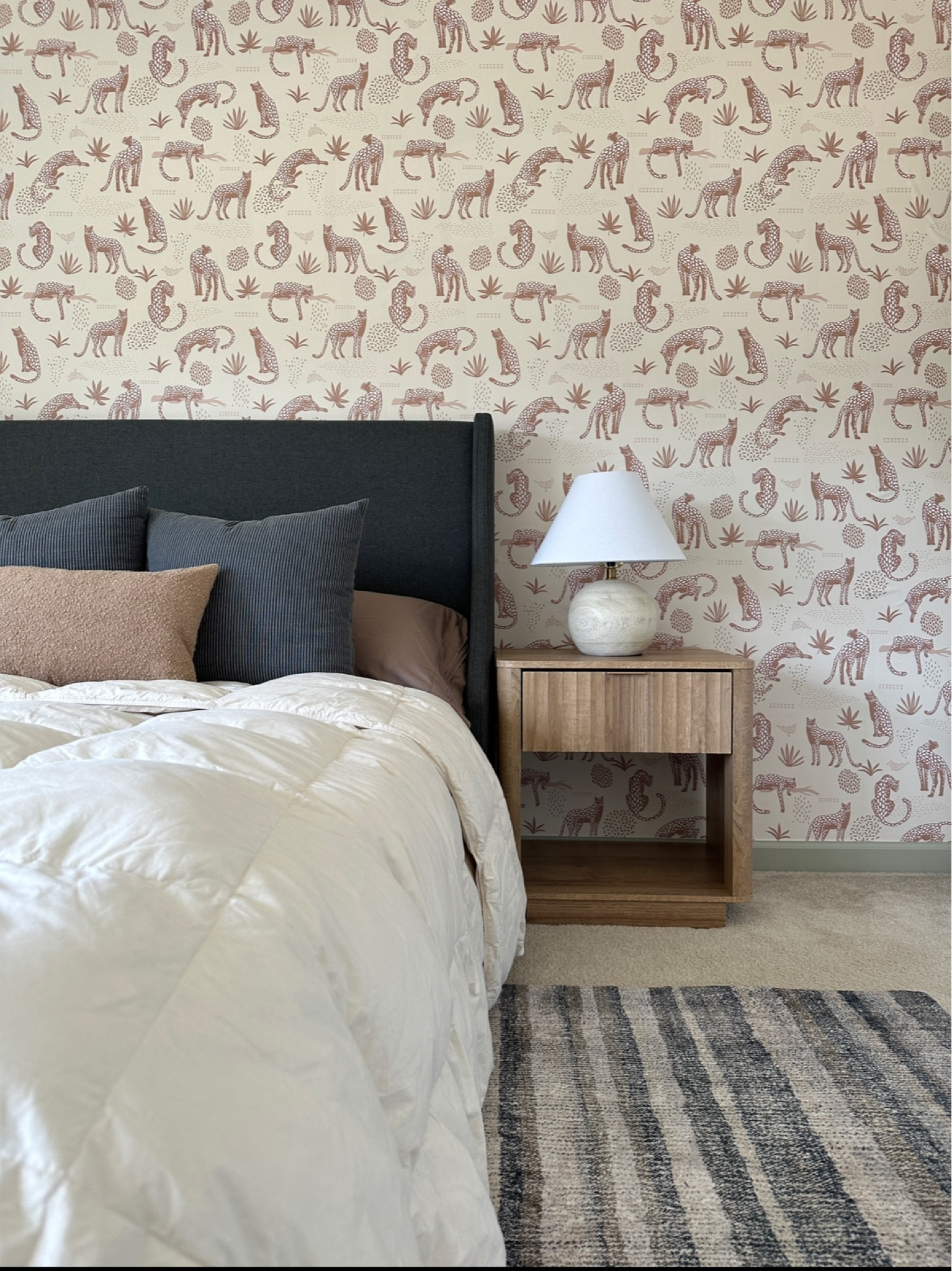 Boys bedroom, charcoal headboard, fluted wood nightstands, navy rug, kids wallpaper

#LTKHome #LTKSaleAlert