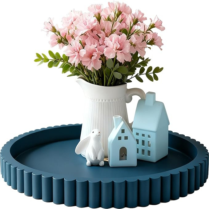 Handmade 12in Decorative Tray for Coffee Table Tray Decor, Blue Wooden Decorative Round Tray for ... | Amazon (US)