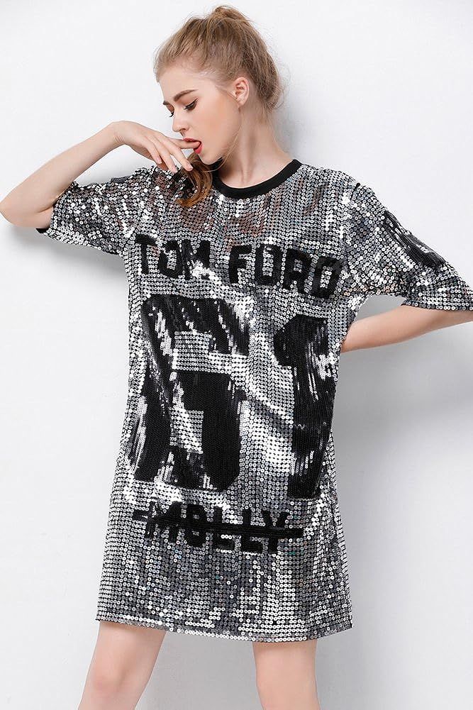 P&R Sparkle Glitter Sequins Hip Hop Jazz Dancing T-Shirt Dress Plus Size Clubwear | Amazon (US)