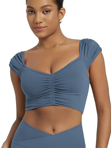 ODODOS Ruched Front Crop Tank for Women V-Neck Cut Out Back Cap Sleeve Cropped Tops, Ink Blue, Medium | Amazon (US)