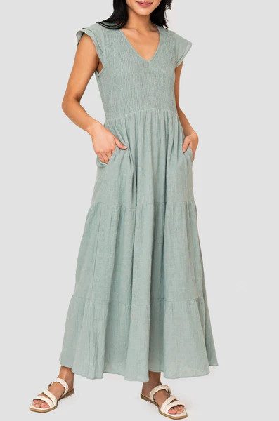 Flutter Sleeve Smocked V-Neck Tiered Maxi Dress | Gibson